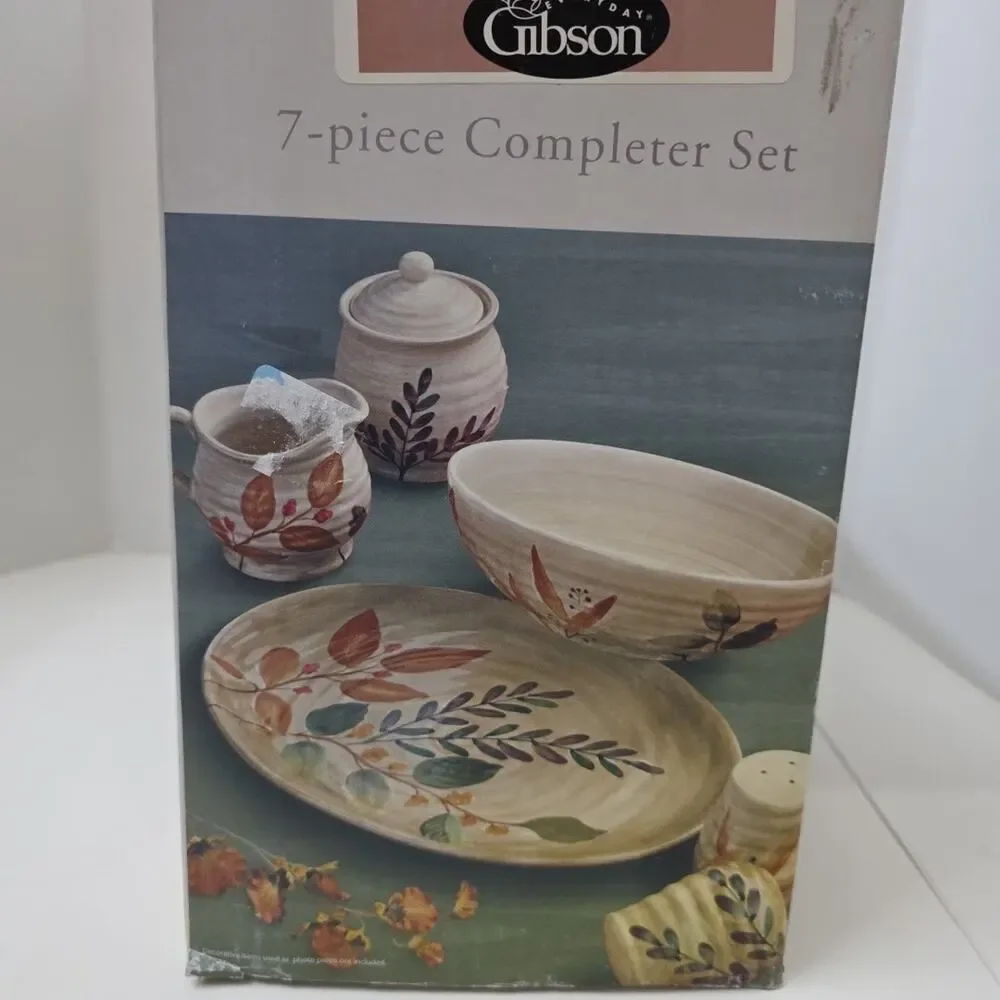 NIB Everyday Gibson 7-Piece~Shadow Wood~Completer Set-Platter/Bowl/Salt-Pepper-+